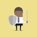 African businessman warrior with shield and sword. Royalty Free Stock Photo