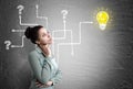 African businesswoman, questions and light bulb Royalty Free Stock Photo