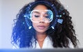 African businesswoman with vr glasses hologram and laptop, working in metaverse Royalty Free Stock Photo