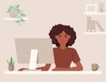 African busineswoman is working remotely and using the computer. Concept of freelance and remote occupation. flat