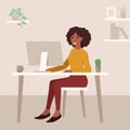 African busineswoman is working remotely and using the computer. Concept of freelance and remote occupation. flat