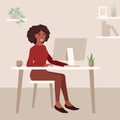African busineswoman is working remotely and using the computer. Concept of freelance and remote occupation. flat