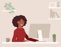 African busineswoman is working remotely and using the computer. Concept of freelance and remote occupation. Vector flat