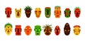 African carnival masks. Hawaiian ethnic faces. Aztec or Africa animal heads. Bird and human idols. Indigenous tribal