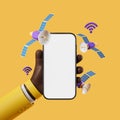 African cartoon hand with smartphone, satellite flying, cloud with wifi. Mockup display