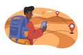 African cartoon smiling guy makes route online on his phone vector