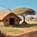 African cartoon style village set on Savannah Royalty Free Stock Photo