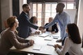 African caucasian ethnicity businessmen party leaders shaking hands starting negotiations Royalty Free Stock Photo