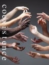 African and caucasian hands gesturing on gray studio background, tolerance and equality concept