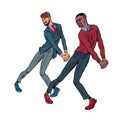 african and caucasian young man dancing, stylish clothes. Freedom and fan, love of music