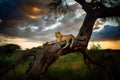 African Cheetah resting on tree branch at a beautiful sunset. Amazing african wildlife. Generative Ai