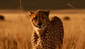 African cheetah walking in the wilderness, watching the sunset generated by AI Royalty Free Stock Photo