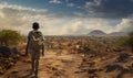 African child going to school wearing a bag walking on a barren land, generative ai