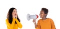 African child with a megaphone and a astonished teenager girl