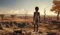 African child in shabby clothes on barren land, AI generative