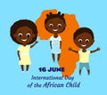 African children boy and girl smiling happily amid a map of the African continent, some waving hello. Poster for the International