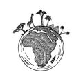 African continent on the globe. Animals and plants of Africa. Vector map of Africa Royalty Free Stock Photo