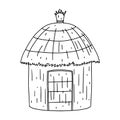 African country house with big roof in hand drawn doodle style. Typical southern house. Vector illustration. Hut with Royalty Free Stock Photo