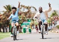 African couple cycling on bike on vacation, peace hand sign on bicycle for sustainable lifestyle in the city and happy Royalty Free Stock Photo