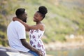 African couple with smile on road trip with car, travel on summer vacation and happy on drive with transport. Happiness Royalty Free Stock Photo