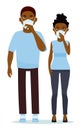 African couple wearing surgical mask against white background. Cartoon vector illustration. Flat cartoon illustration.