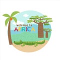 Africa. African animals and plants. The crocodile under the baobab tree. Vector illustration in cartoon style.