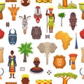 African culture vector characters in traditional clothing in Africa with ethnic tribal mask or drums in safari travel