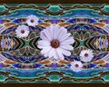 African daisy flowers on hand drawn fantasy landscape. Floral seamless pattern