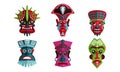 African Decorative Ancient Mask To Put On Face Vector Illustration Set.