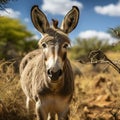 African Donkey close-up, the animal looks at the camera.