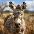 African Donkey close-up, the animal looks at the camera.