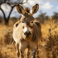 African Donkey close-up, the animal looks at the camera.