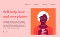 An African elderly woman holds a cup in her hands and smiles. Website template