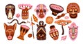 African elements. Ethnic totem faces. Traditional masks and drums. Decorative items. Aborigine vases or baobab tree