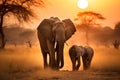 African elephant with baby in savannah at sunset, Kruger National Park, South Africa Royalty Free Stock Photo