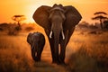 African elephant with baby in savannah at sunset, Kruger National Park, South Africa Royalty Free Stock Photo