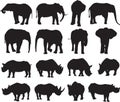 African elephant and Black rhinoceros silhouette contour