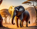 African elephant in cartoon style with African Savannah background