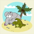 African elephant and crocodile sitting on the island