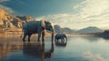 African Elephant Family at Sunset in a Serene River Landscape Royalty Free Stock Photo