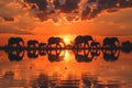 African elephant family trekking across the river at dusk .Generative Ai Royalty Free Stock Photo