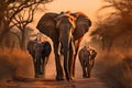 African elephant family walking in the savanna, Kruger National Park, South Africa Royalty Free Stock Photo