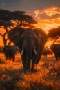 African elephant herd crossing savanna at dawn in stunning photorealistic scenery