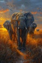 African elephant herd crossing savanna at dawn in stunningly realistic photorealistic scene