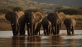 African elephant herd drinking at sunset in tranquil wildlife reserve generated by AI Royalty Free Stock Photo