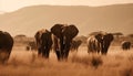 African elephant herd grazing in sepia toned savannah generated by AI Royalty Free Stock Photo