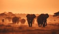 African elephant herd grazing in tranquil savannah generated by AI