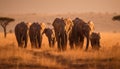 African elephant herd grazing in tranquil savannah at sunset generated by AI Royalty Free Stock Photo