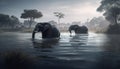 African elephant herd in tranquil sunset safari landscape reflection generated by AI Royalty Free Stock Photo