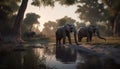 African elephant herd in tranquil sunset safari landscape reflection generated by AI Royalty Free Stock Photo